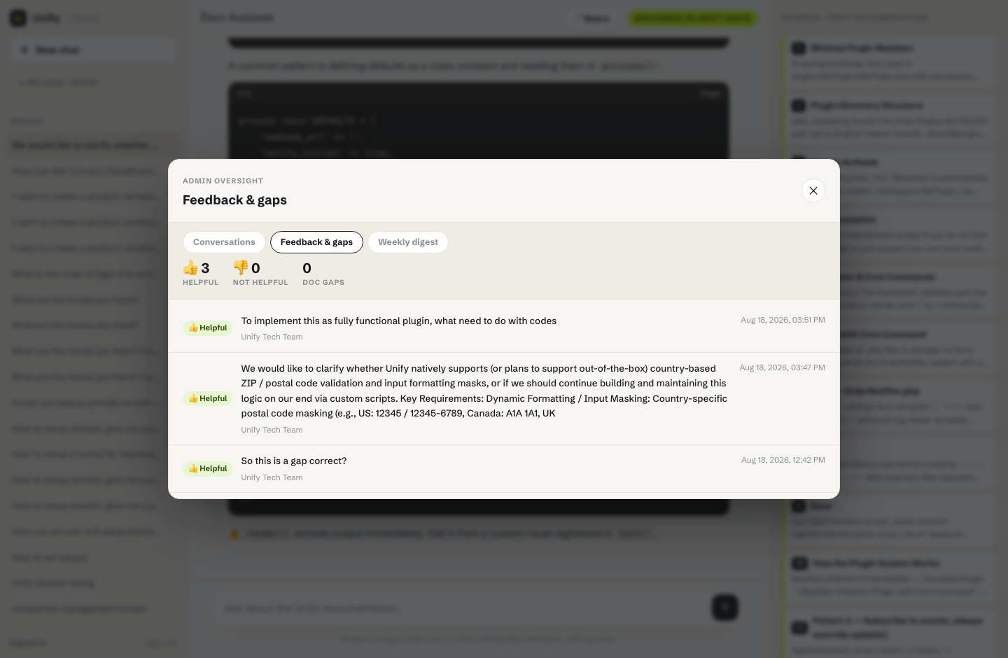 Feedback and doc gaps admin panel