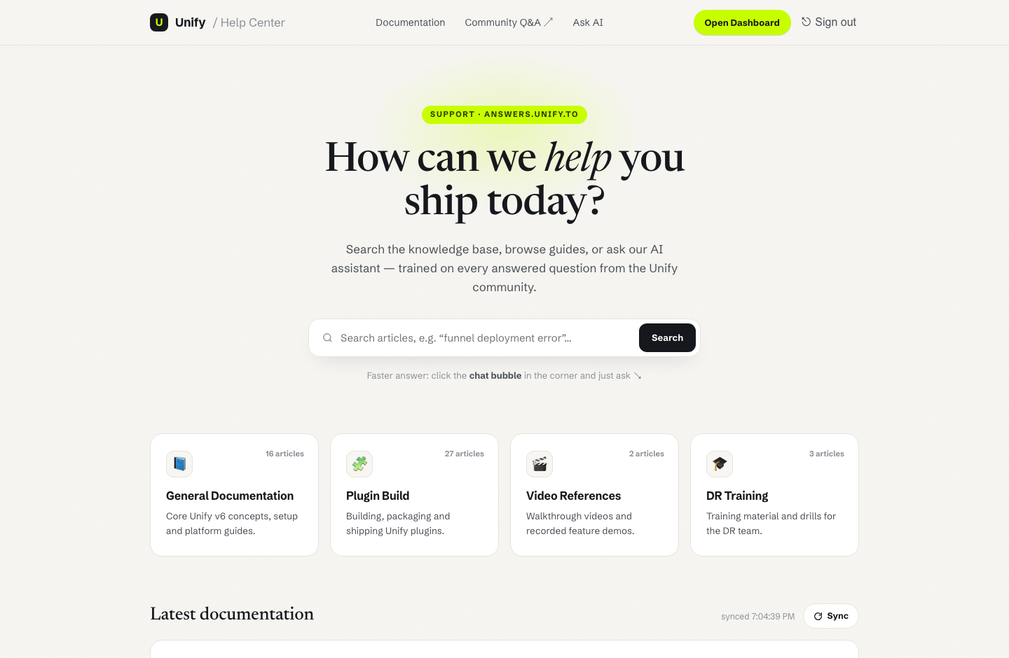 Unify help center with live search and Ask AI